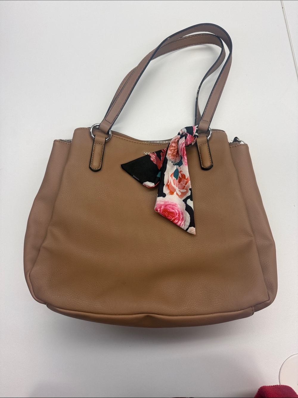 Nine West Tan Tote with Floral Scarf Accent